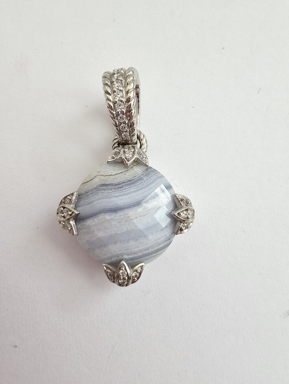 Authentic Judith Ripka Sterling Silver Faceted Blue Lace Agate Enhancer Pendant